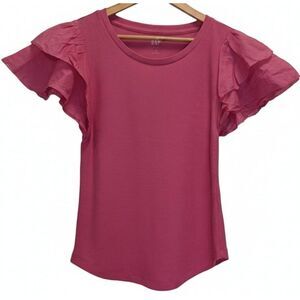 Gap womens medium ruffle flutter pink sleeve ribbed tshirt top